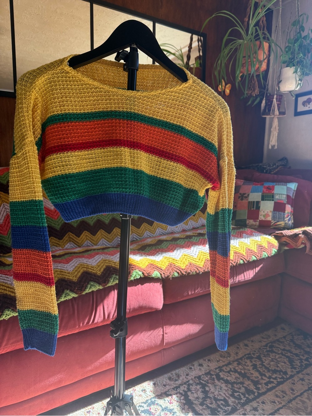 Rainbow Stripe Ultra Crop Sweater Medium Festival Rave Long Sleeve